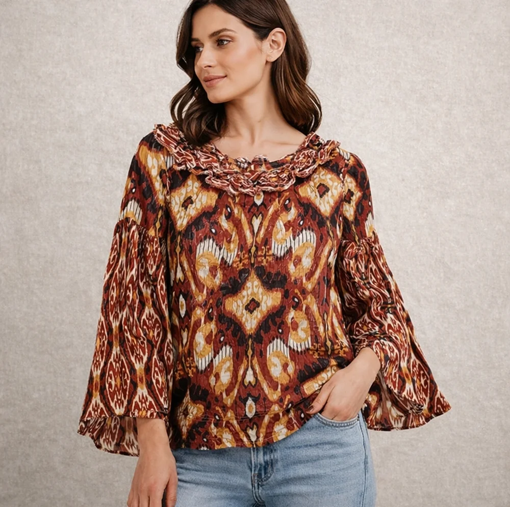 Tory Burch Silk Ikat Boho Blouse Size 6 Ruffle Peasant Flared Sleeve Layered Top